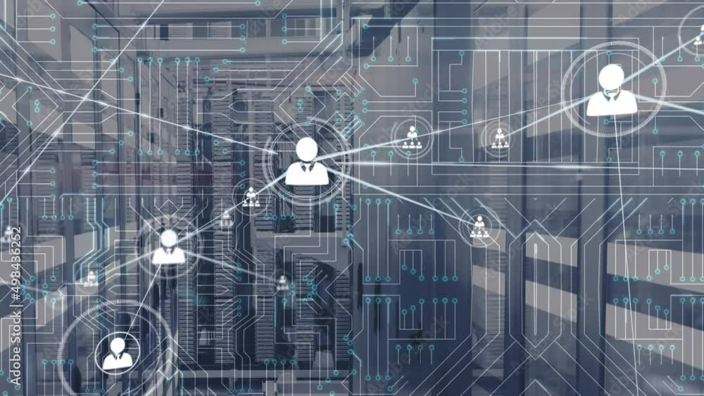 Poster animation of network of connections and computer circuit board over server room
