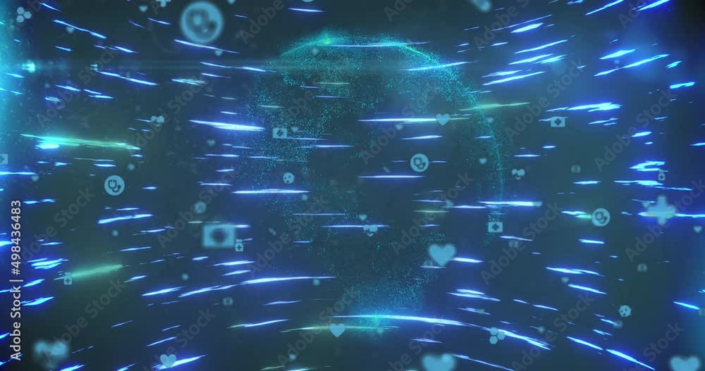 Poster animation of network of digital icons over glowing globe