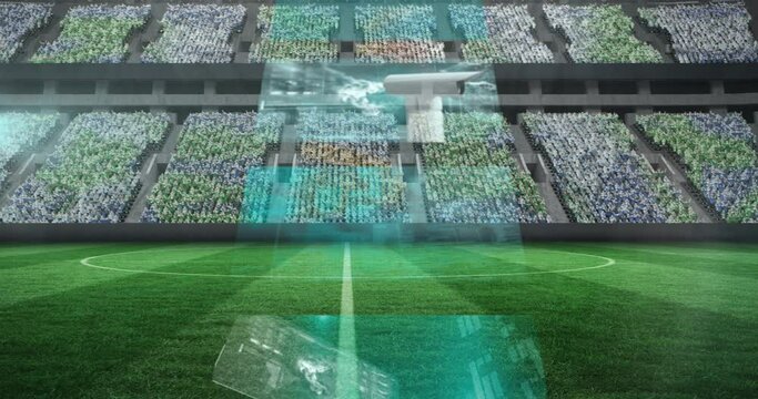 Animation of data processing on screens over sports stadium