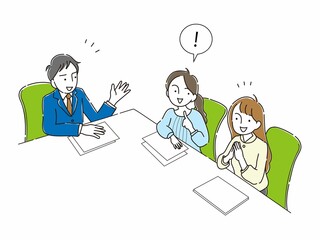 会社で会議するビジネスマンとOL