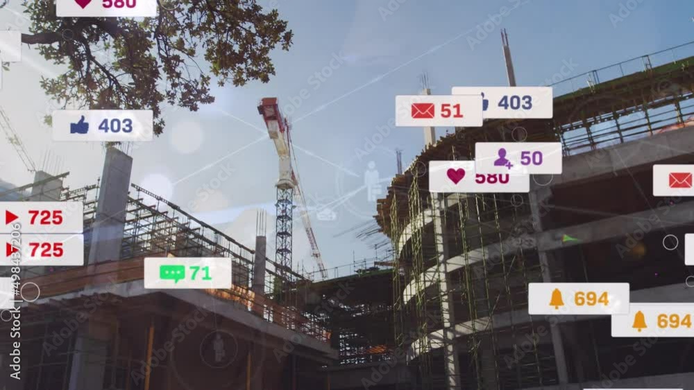 Poster animation of network of connections with media icons over building site