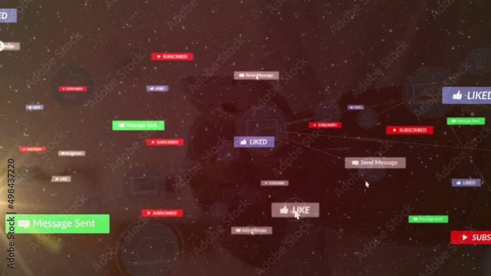Poster animation of network of connections with media icons over caucasian man using smartphone