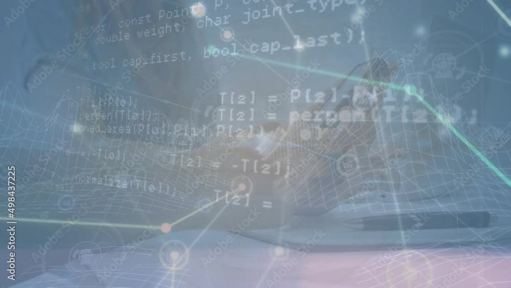 Poster animation of network of connections with data processing over caucasian woman using smartphone