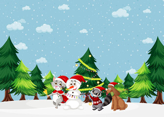 Christmas holidays with snowman and pets