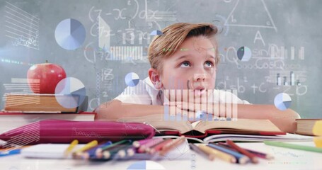 Animation of scientific data processing over caucasian schoolboy - Powered by Adobe