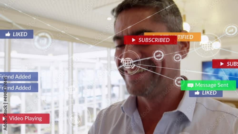 Poster animation of network of connections with media icons over biracial man using smartphone
