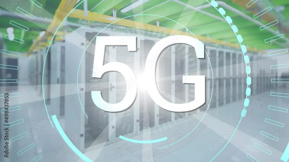 Poster animation of 5g text and scope scanning over server room