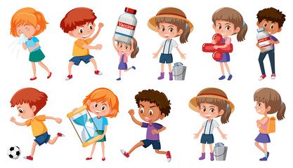 Set of children doing different activities on white background