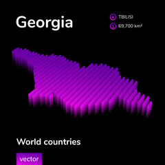 Georgia 3D map. Stylized striped vector isometric Map of Georgia is in violet colors on black background. Educational banner.