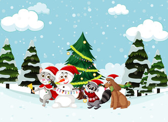 Christmas theme with Snowman and animals