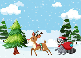 Christmas theme with raccoon and reindeer