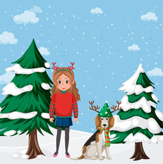 Christmas theme with girl and dog in snow