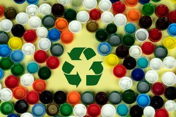 Plastic Bottle Caps. Banner with recycling icon