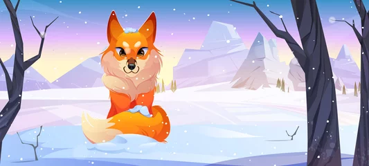 Wandaufkleber Cartoon fox in winter forest, beautiful wild animal with ginger fur on nature background with falling snow, bare trees and mountain peak. Wood landscape with zoological character, Vector illustration © klyaksun