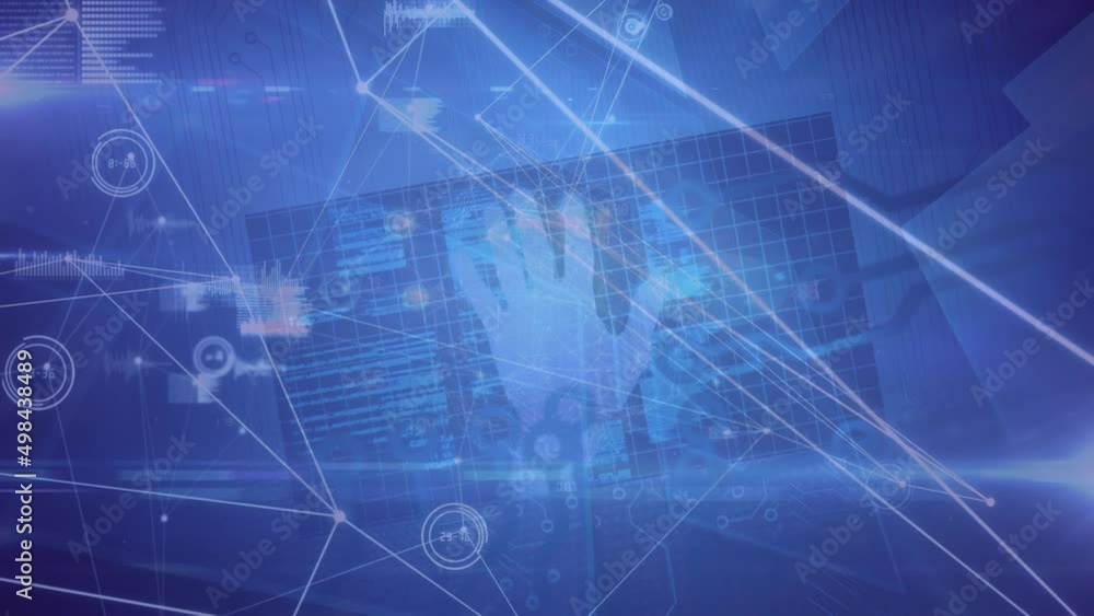 Poster animation of network of connections and data processing over blue background