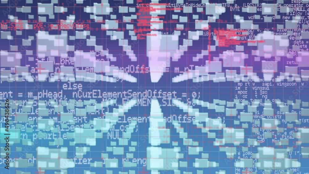 Poster animation of files and padlock icons over data processing on blue background