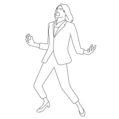 両手を広げて雄叫びを上げる女性のイラスト（白背景・ベクター・線画・切り抜き）