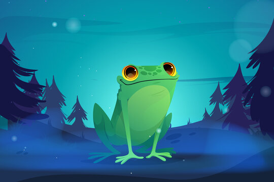 Cartoon frog in night forest. Wild funny toad with green skin, amphibians animal at wildlife environment. Vector illustration for kids book or game, zoology child education, fauna character in nature