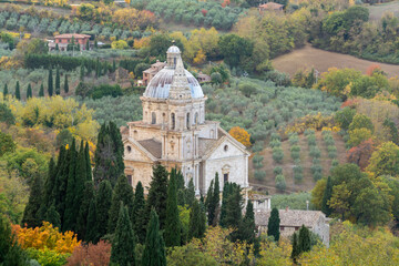 View on church, hills and vineyards from old town Montepulciano, Tuscany, Italy