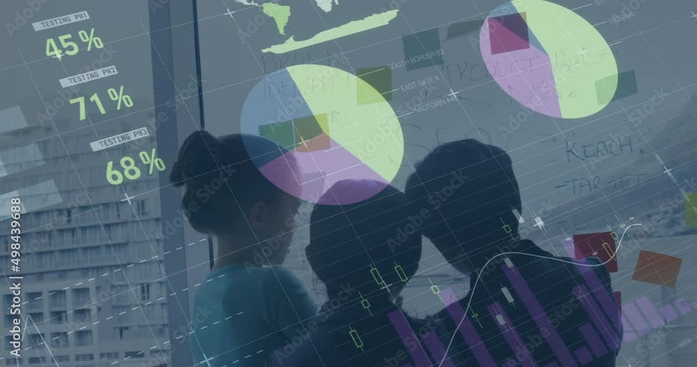 Poster animation of financial data processing over diverse group of business people taking notes