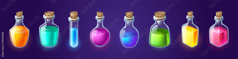 Poster bottles with magic potion, alchemy elixir or poison. vector cartoon set of glass jars, vials and fla