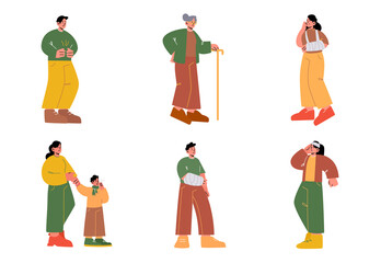 Set of sick people, characters with pain, flu, broken arm, headache and stomachache. Vector cartoon illustration of diseases and injuries. Person with plaster cast, boy with cough and elder woman