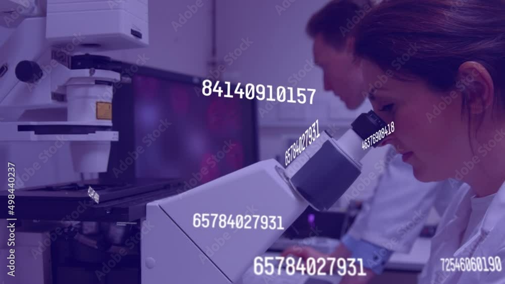 Poster animation of increasing numbers over female and male analysts using microscope