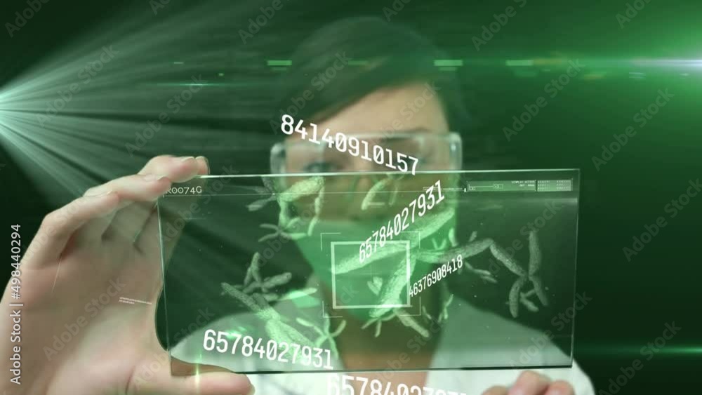 Poster animation of increasing numbers over caucasian female analyst with screen with diverse data