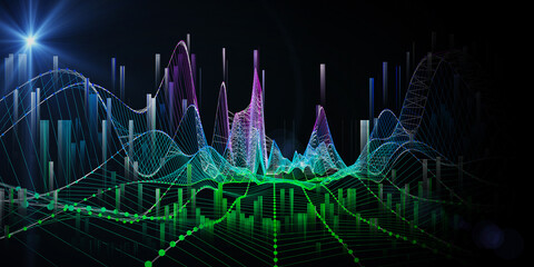 Abstract technology background with color wireframe graph on black. Visual presentation of analytics grig algorithms.  Computing concept. Banner for business, science and technology. Big Data.