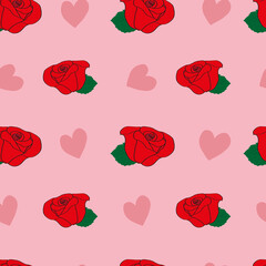 Pattern with vector red roses and pink hearts on a pink background. Valentine's Day or Birthday design and decorations