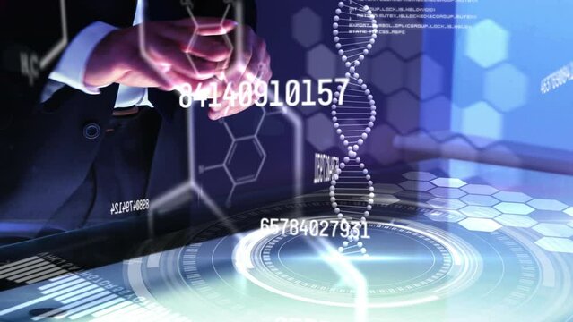 Animation of increasing numbers over hands of caucasian man using touch screen and diverse data
