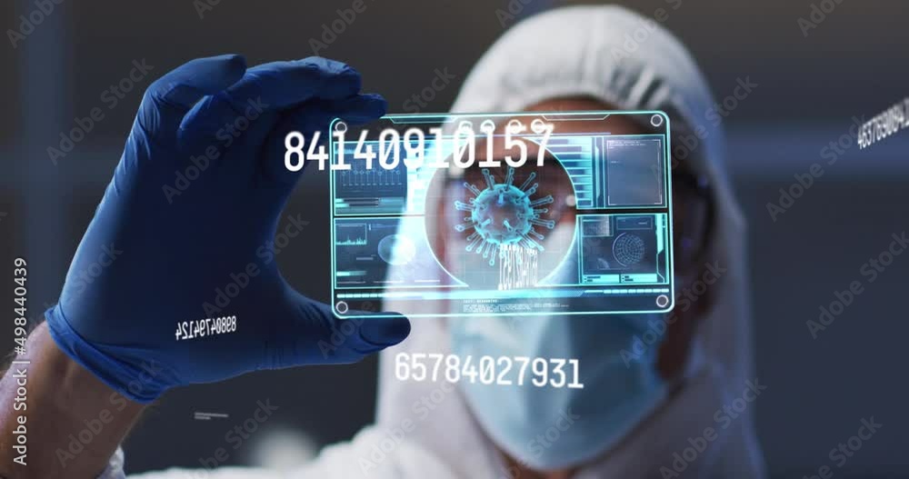Poster animation of numbers and covid 19 data processing over doctor in face mask and ppe suit