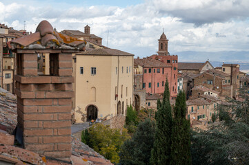 Fototapeta na wymiar View on houses and walls of old town Montepulciano, Tuscany, Italy
