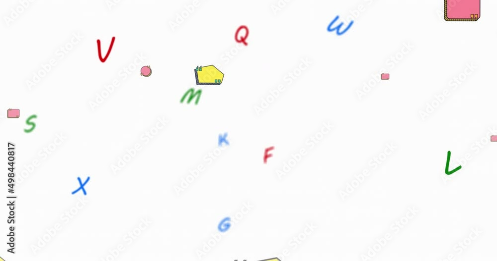 Aufkleber digital animation of colorful letters and blank text banners floating against white background