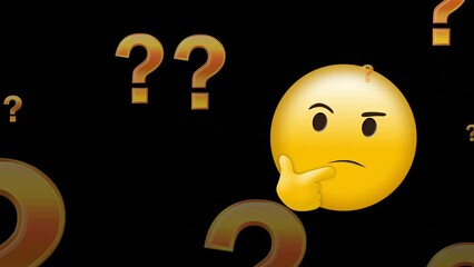 Animation of thinking emoji and question marks floating over black background