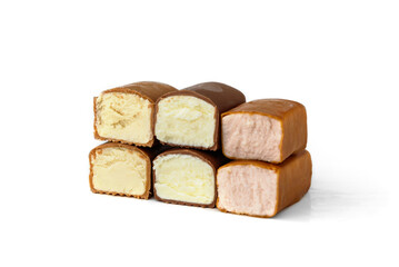 Different glazed cottage cheese bars isolated on white background.