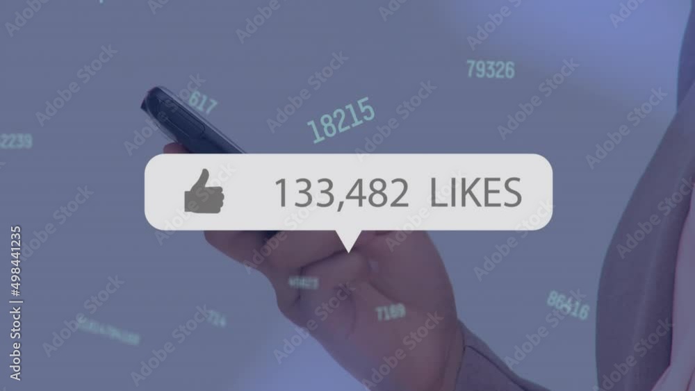 Poster animation of increasing number and like icon over hand using smartphone