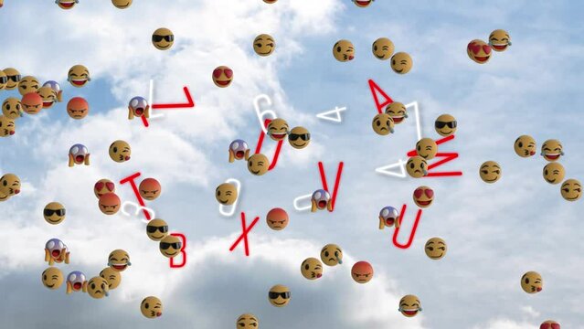 Animation of floating emojis and numbers over clouds