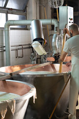 Process of making wheels of parmigiano-reggiano parmesan cheese on small cheese farm in Parma, Italy