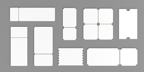 3D Set of blank tickets, discount vouchers or gift coupons with ruffle edges. Realistic mockup empty white tickets to movie theater, concert, circus or festival, isolated on grey background, 3D render