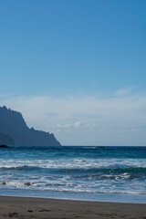 Panoramic view on lava rocks of laya de Almaciga and blue Atlantic ocean, Anaga national park near Tanagana village,  North of Tenerife, Canary islands, Spain