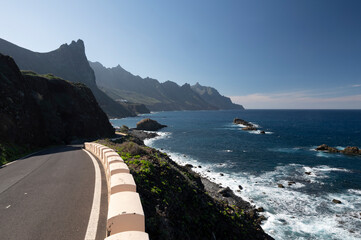 Coatal road near Playa del Roque de las Bodegas and blue Atlantic ocean, Anaga national park near Tanagana village,  North of Tenerife, Canary islands, Spain