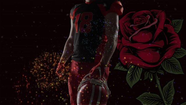 Animation of fireworks and roses over american football player on black background