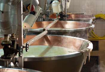 Process of making wheels of parmigiano-reggiano parmesan cheese on small cheese farm in Parma, Italy