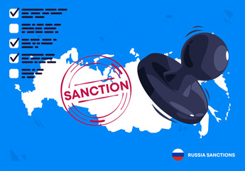 vector illustration of a seal with the inscription sanctions, sanctions policy against Russia, a map of Russia with a seal