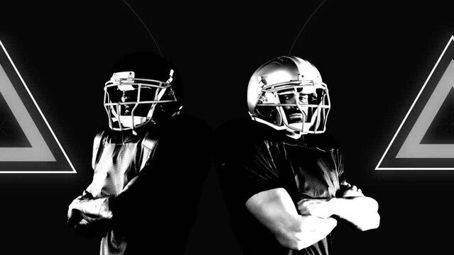 Animation of two american football players over triangles and circles on black background