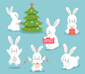 Set of cute characters. White bunny decorate Christmas tree. Vector illustration of rabbit on blue background, Symbol 2023 new year