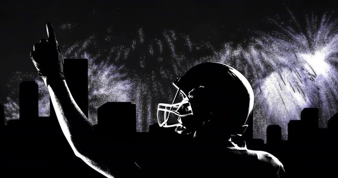 Animation of cityscape and fireworks over male american football player pointing finger
