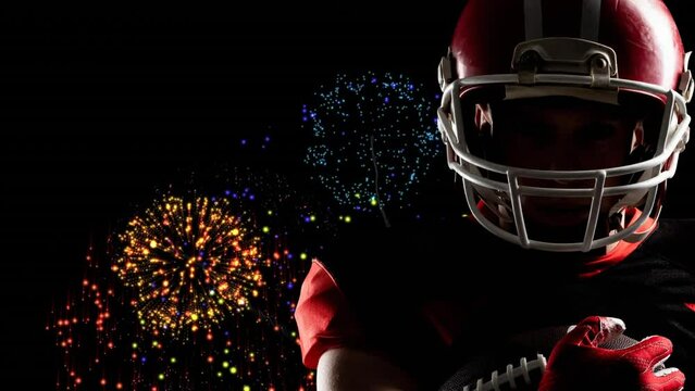 Animation of confetti over american football player on black background