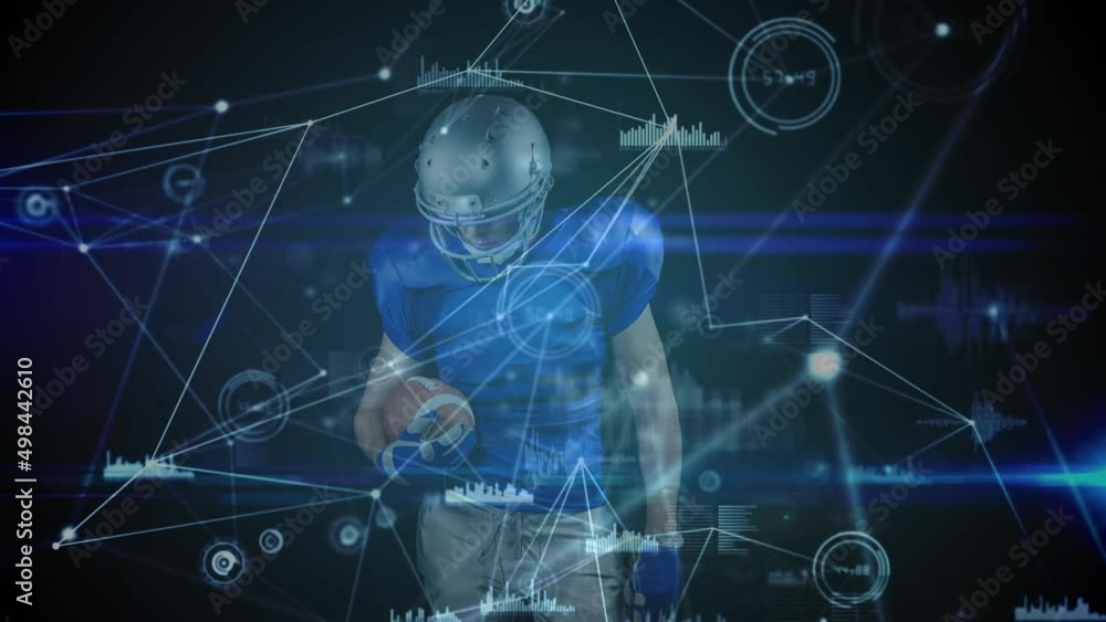 Poster animation of data processing and network of connections over american football player